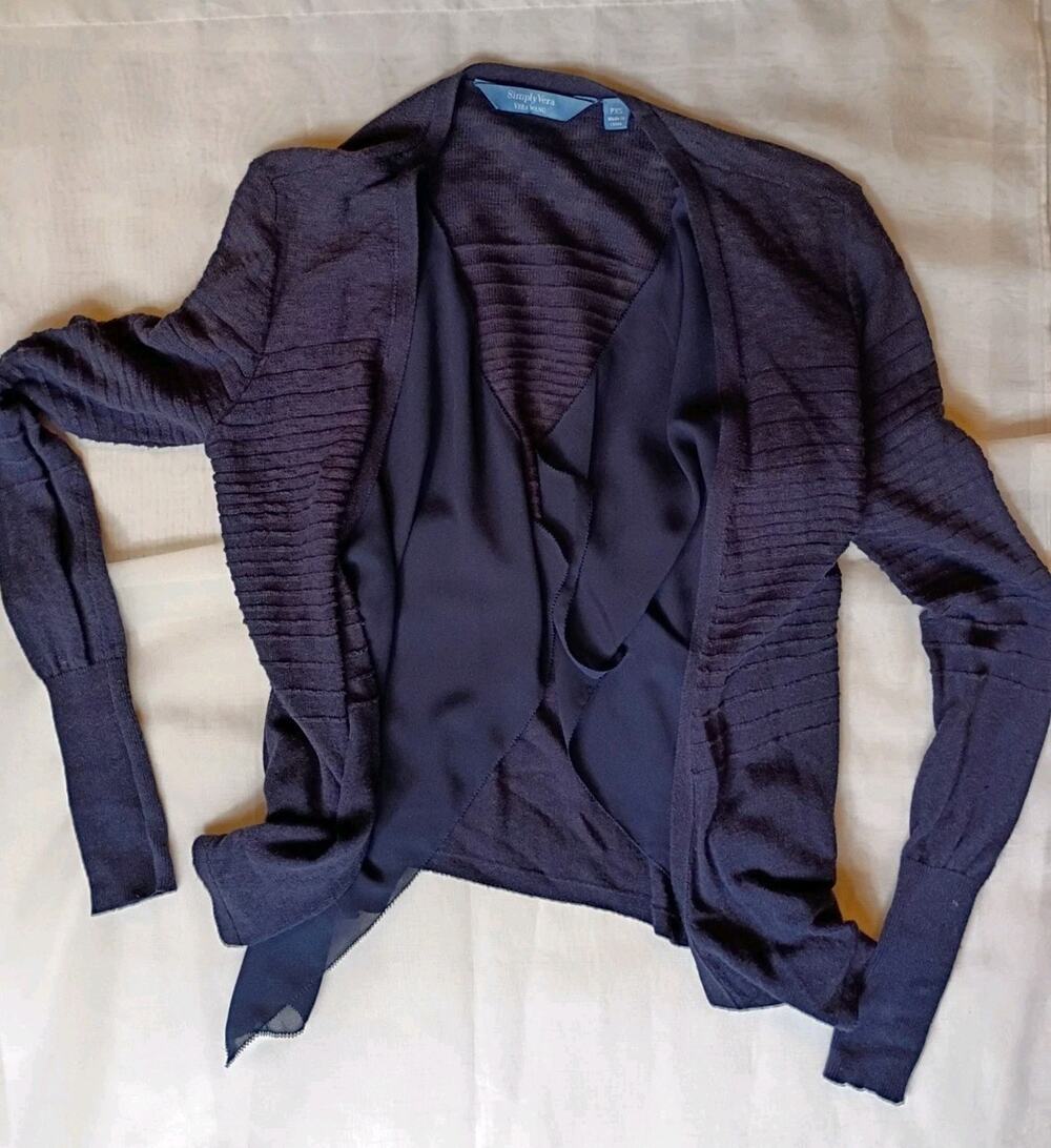 Simply Vera Vera Wang Womens PXS Ribbed Navy Open Front Cardigan Top Sheer